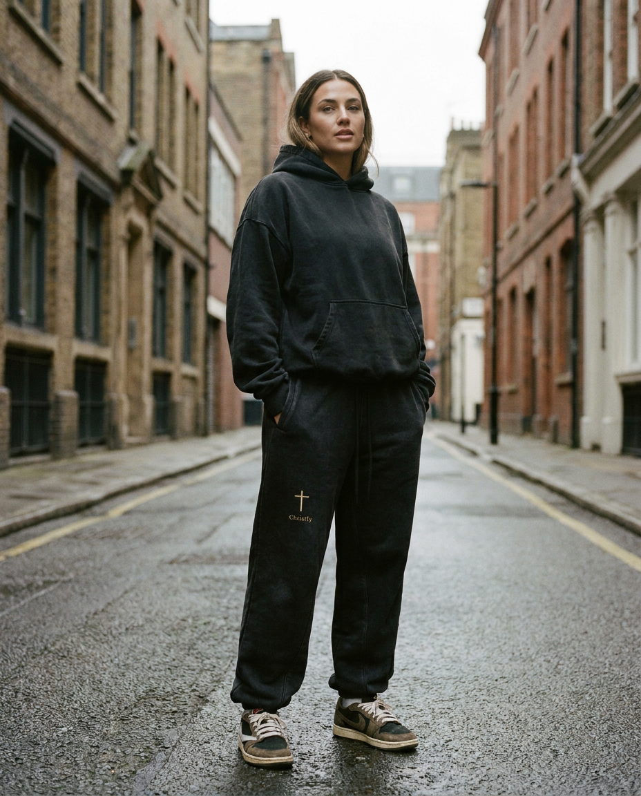 Model wearing the He Is Near Sweatpants