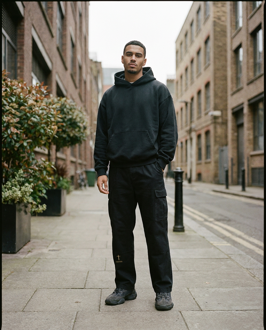 Model wearing the He Is Near Cargo Pants