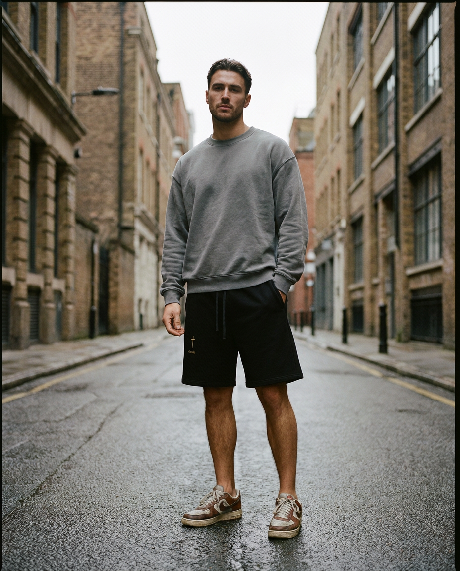 Model wearing the He Is Near Shorts