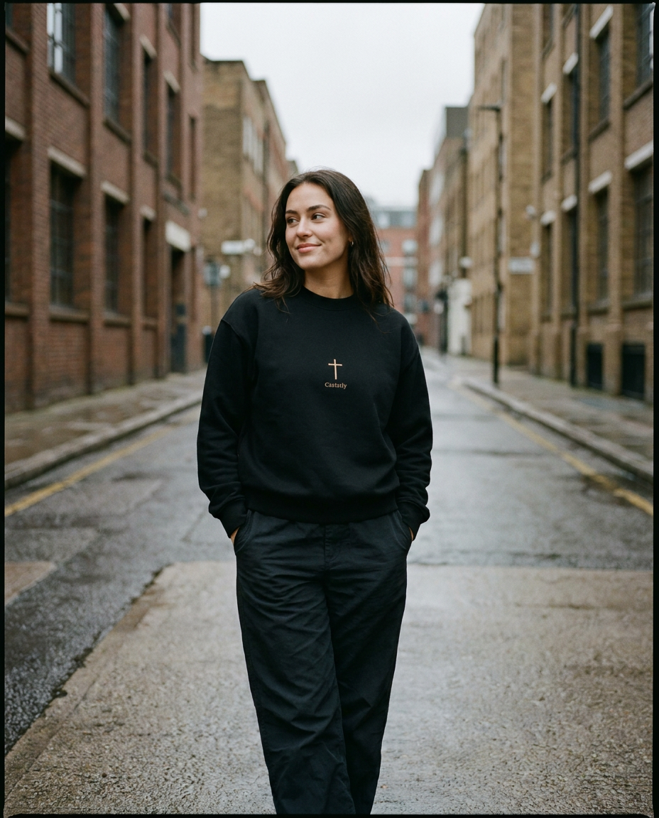 Model wearing the Still Held Crewneck