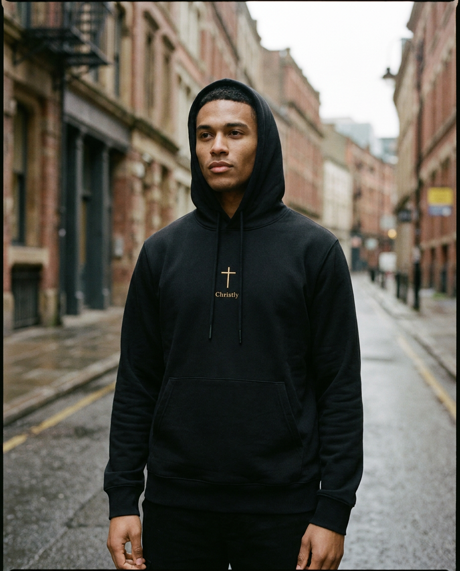 Model wearing the He Is Near Hoodie