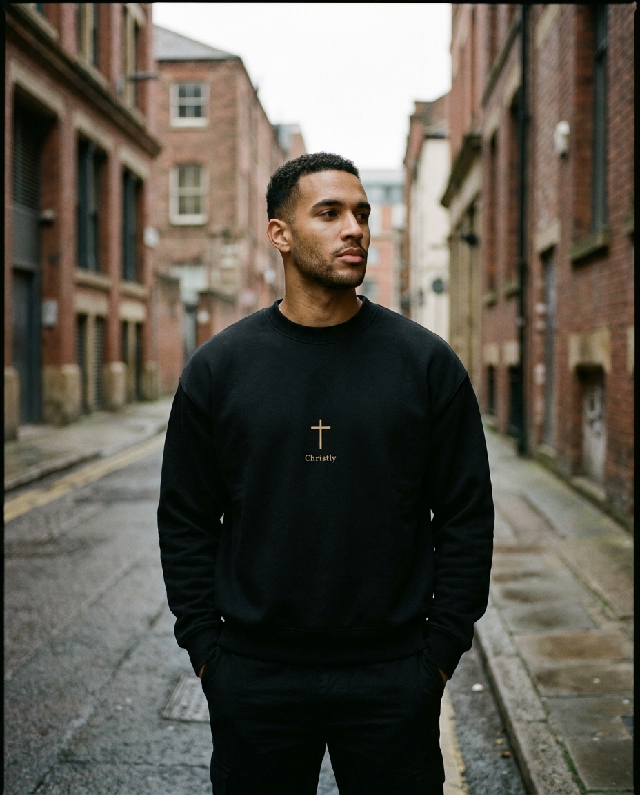 Model wearing the He Is Near Crewneck